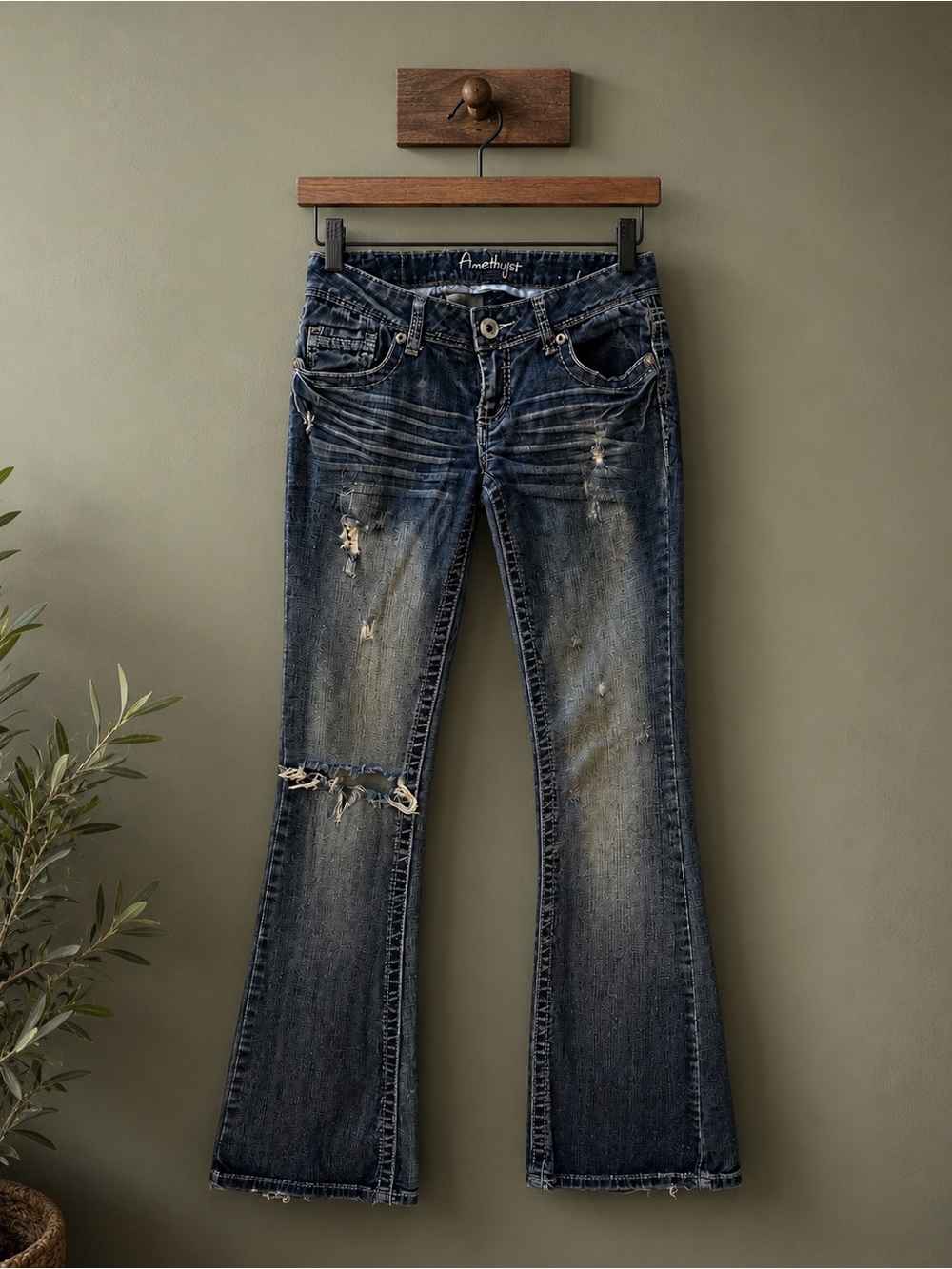 Amethyst Jeans Distressed Dark Blue Flare Jeans for Women